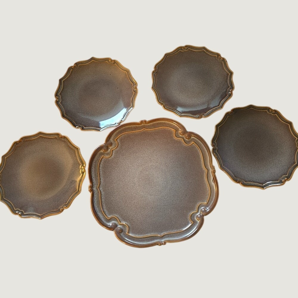 Bombay Company Brown Scalloped Reactive Glaze Platter and 4 Salad Plates Set 5pc
